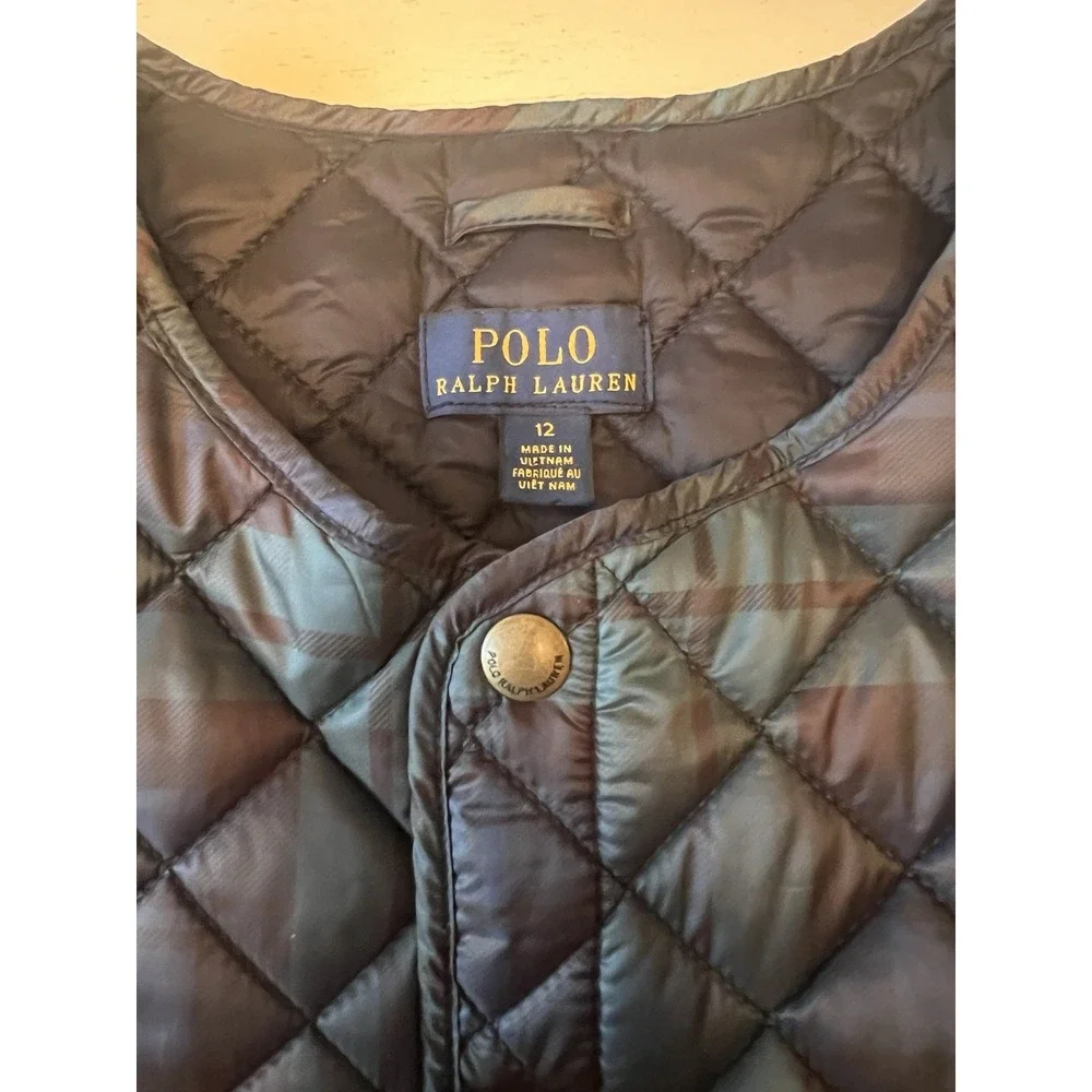 Polo Ralph Lauren Girls Size‎ 12 Diamond Quilted Green Blue Tartan Plaid Vest